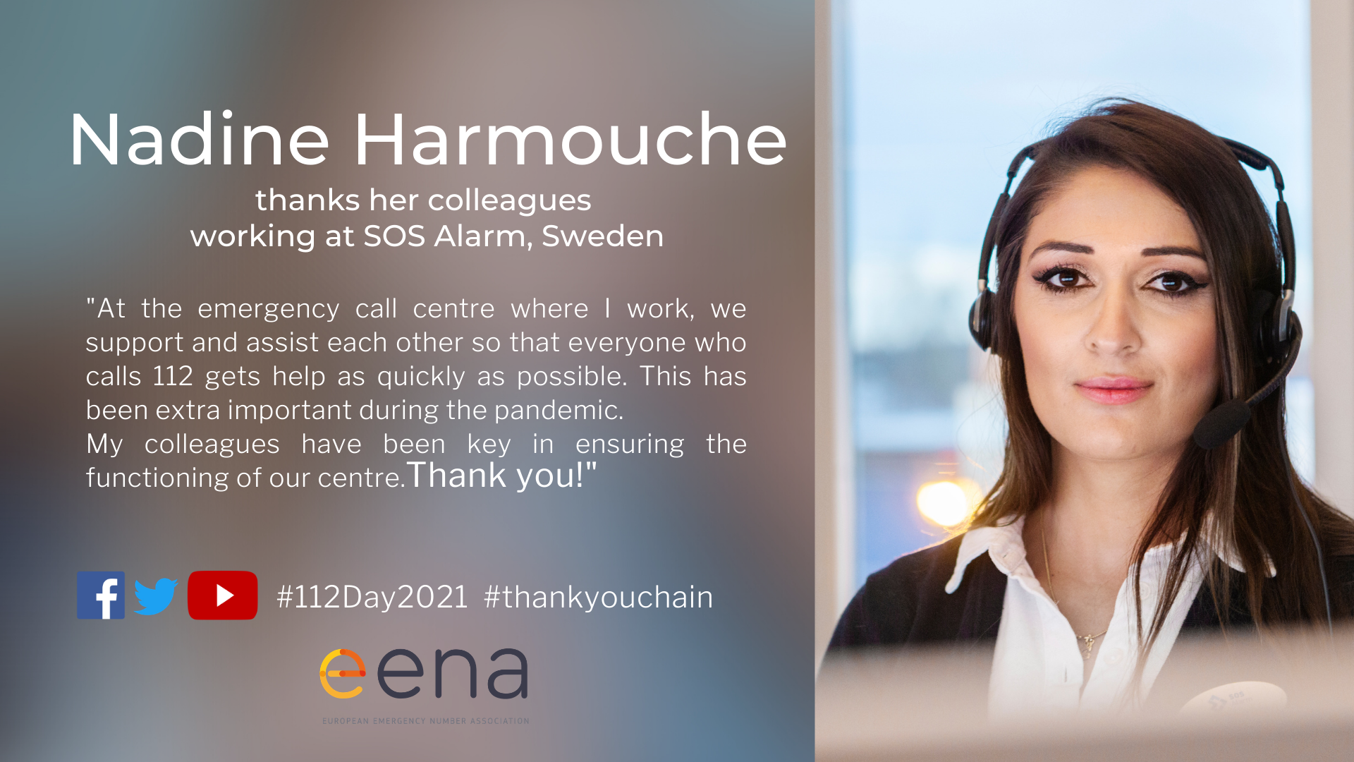 Nadine Harmouche thanks her colleagues at SOS Alarm, Sweden