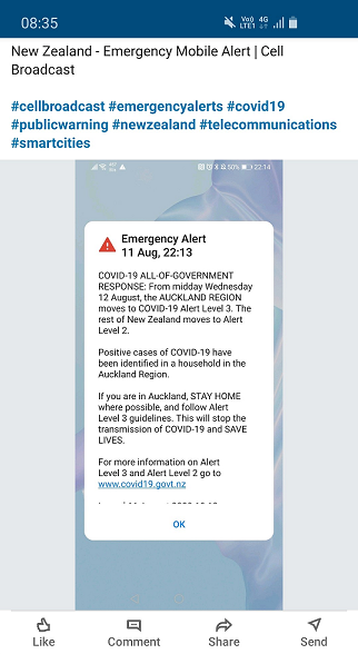 New Zealand: Use of a Cell-Broadcast alert to inform the population about the spread of COVID-19 and the change of alert level